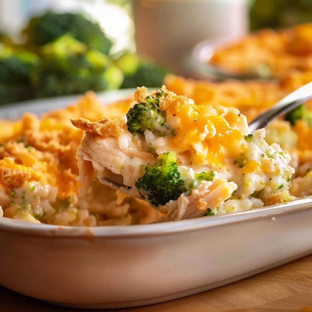 Creamy Chicken Broccoli Rice Cheese Casserole