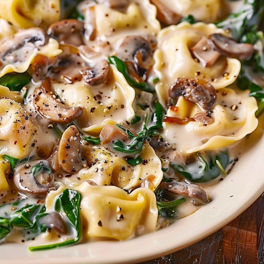 Creamy Tortellini with Spinach, Mushrooms, Caramelized Onions