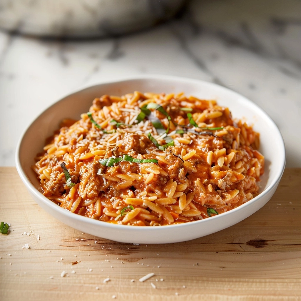 Ground Beef Orzo with Tomato Cream Sauce