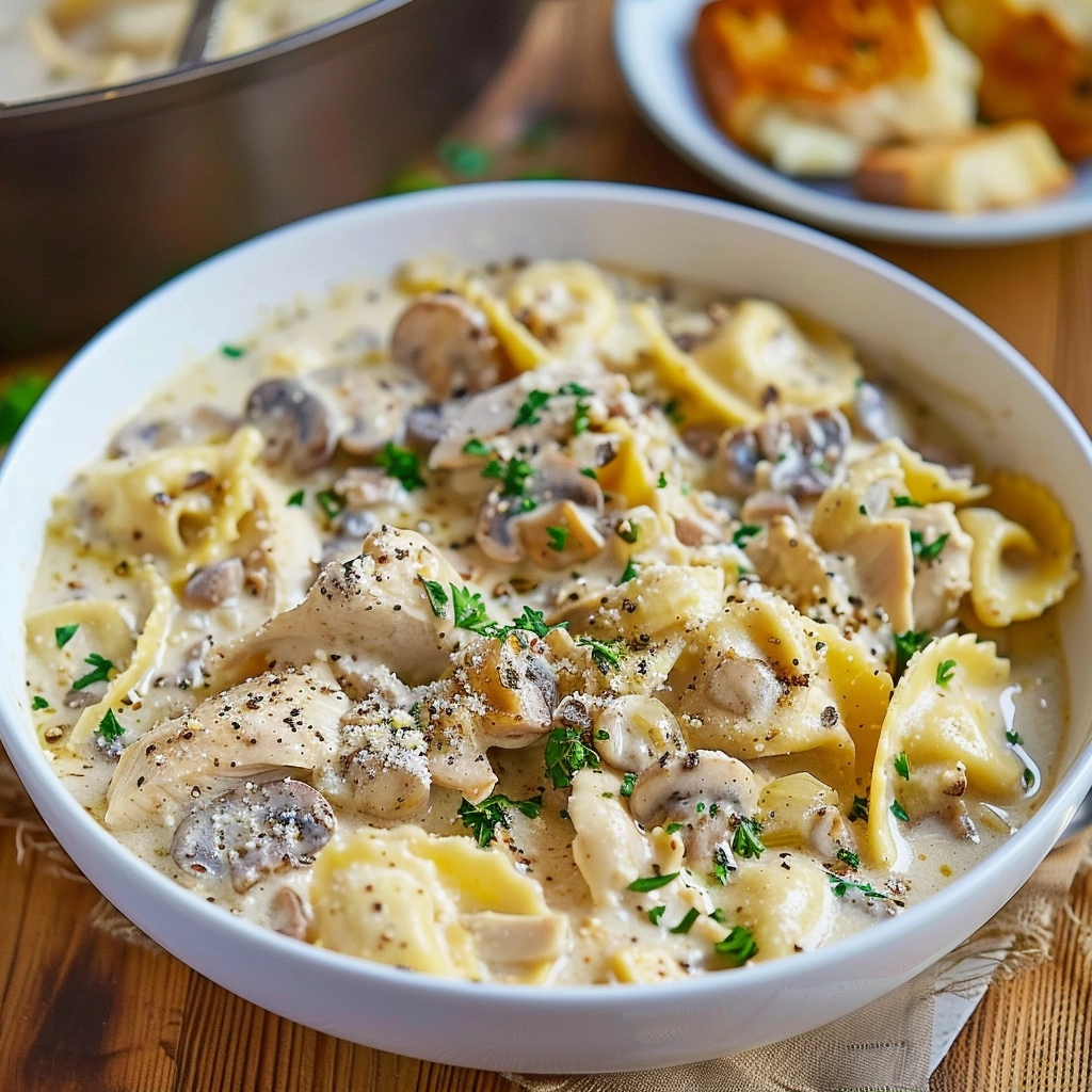 Creamy Asiago Chicken and Mushroom Tortellini Soup