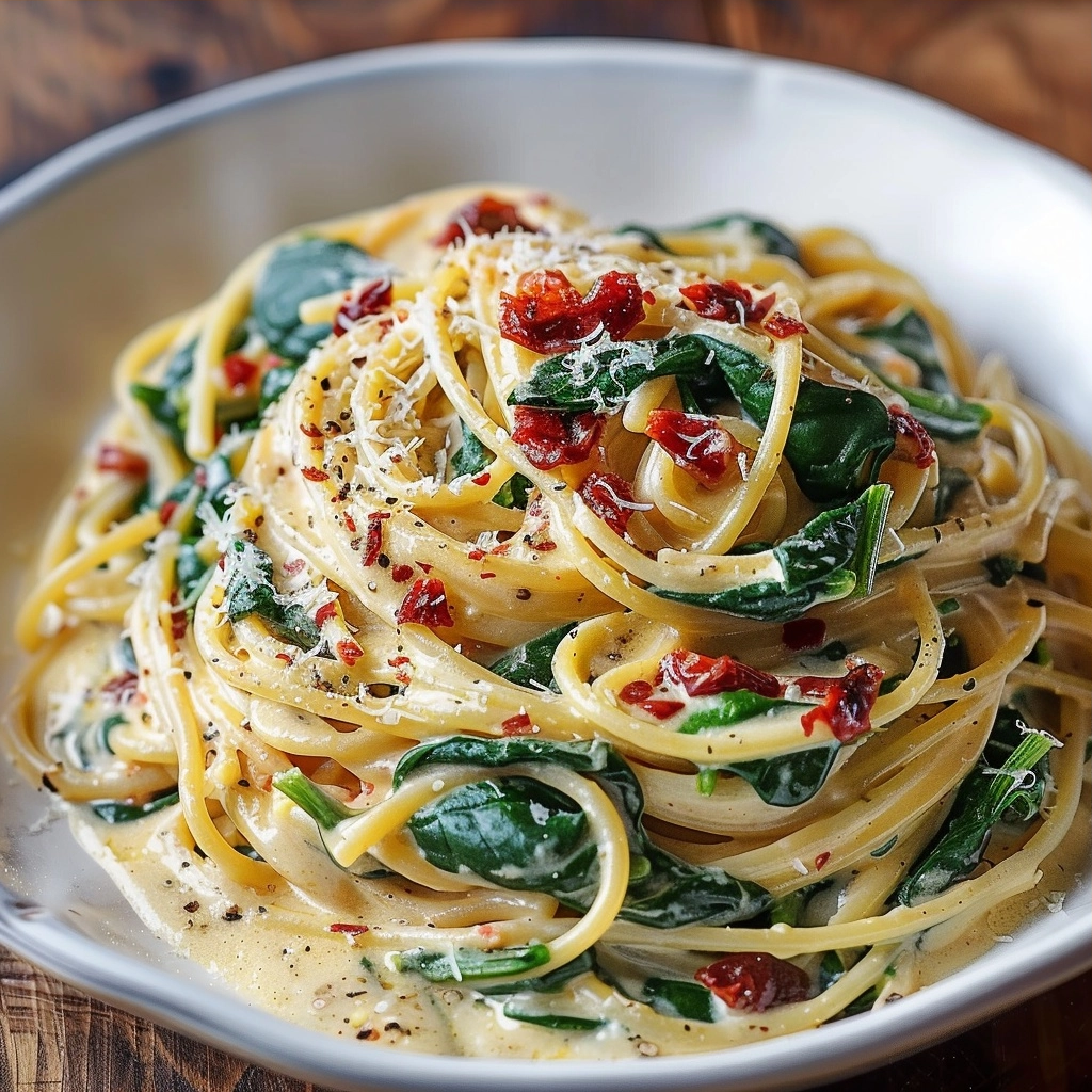 Spaghetti & Spinach with Sun-Dried Tomato Cream Sauce
