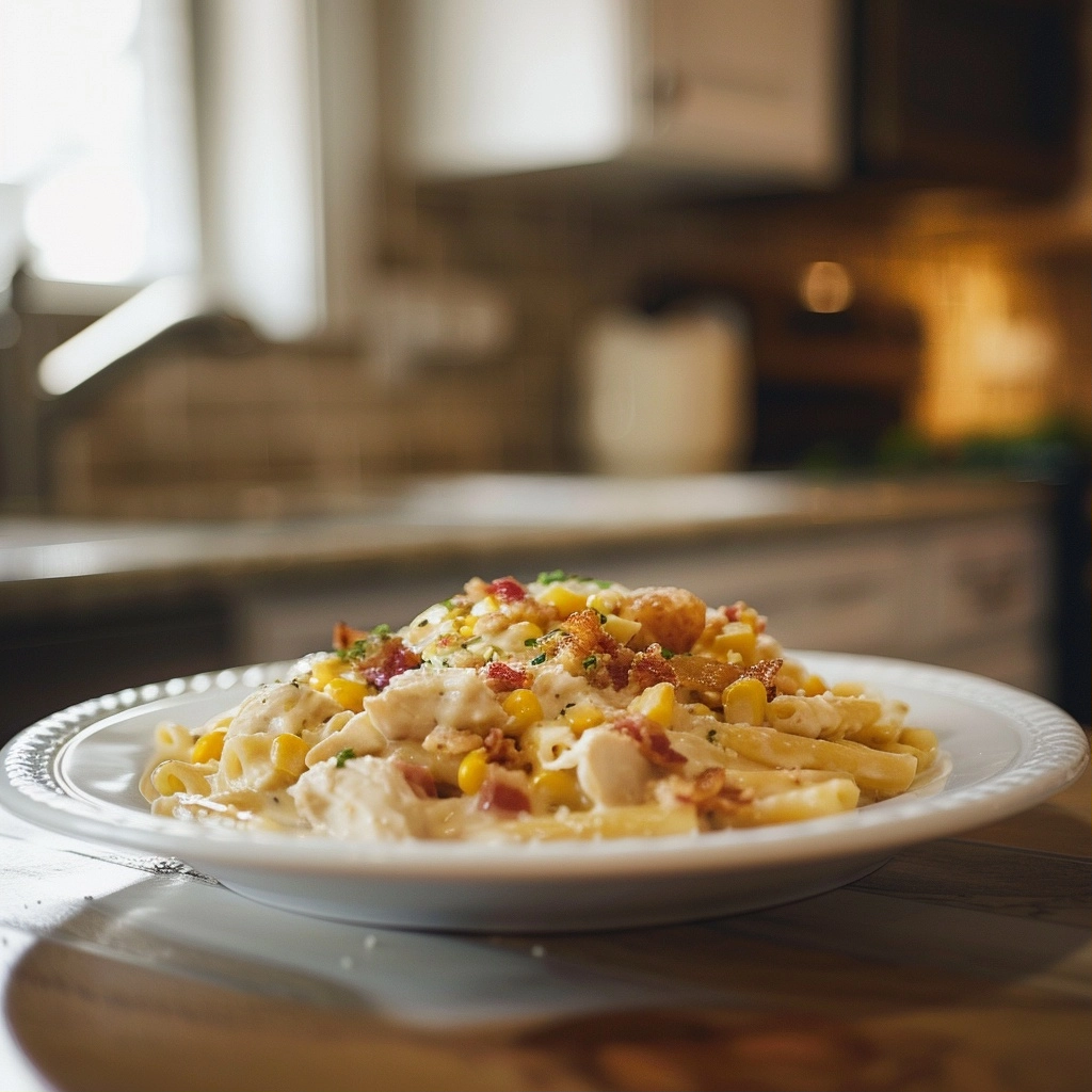 Creamy Chicken and Corn Pasta with Turkey Bacon