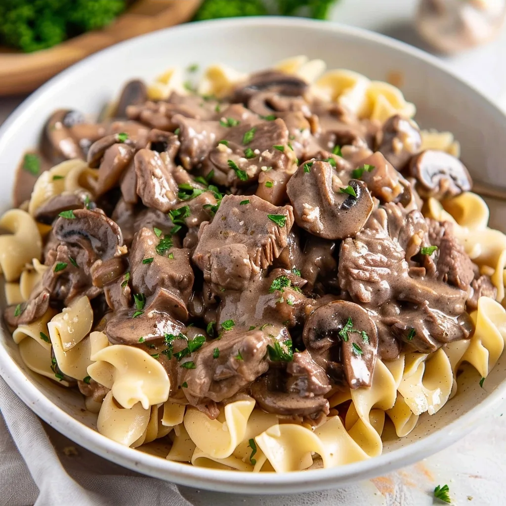 Crock Pot Beef Stroganoff is easy to make with tender chunks of beef, mushrooms