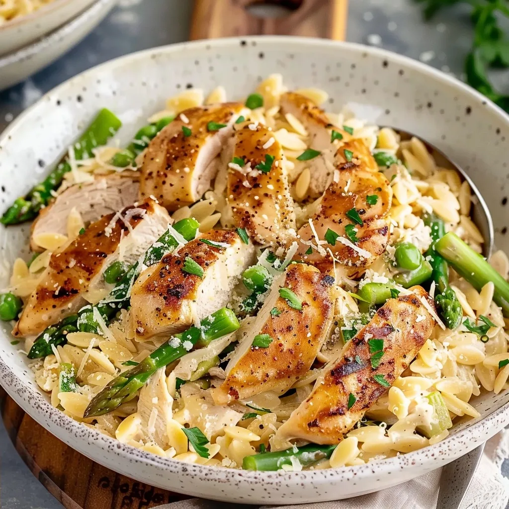 Quick and delicious Creamy Parmesan Orzo with Chicken and Asparagus