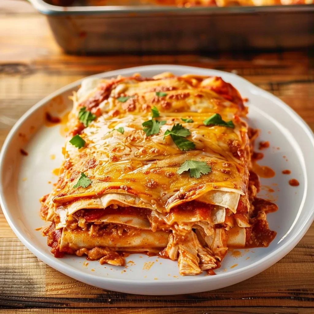 With a seasoned shredded chicken and cheese filling and red enchilada sauce, this recipe delivers restaurant-quality flavor.