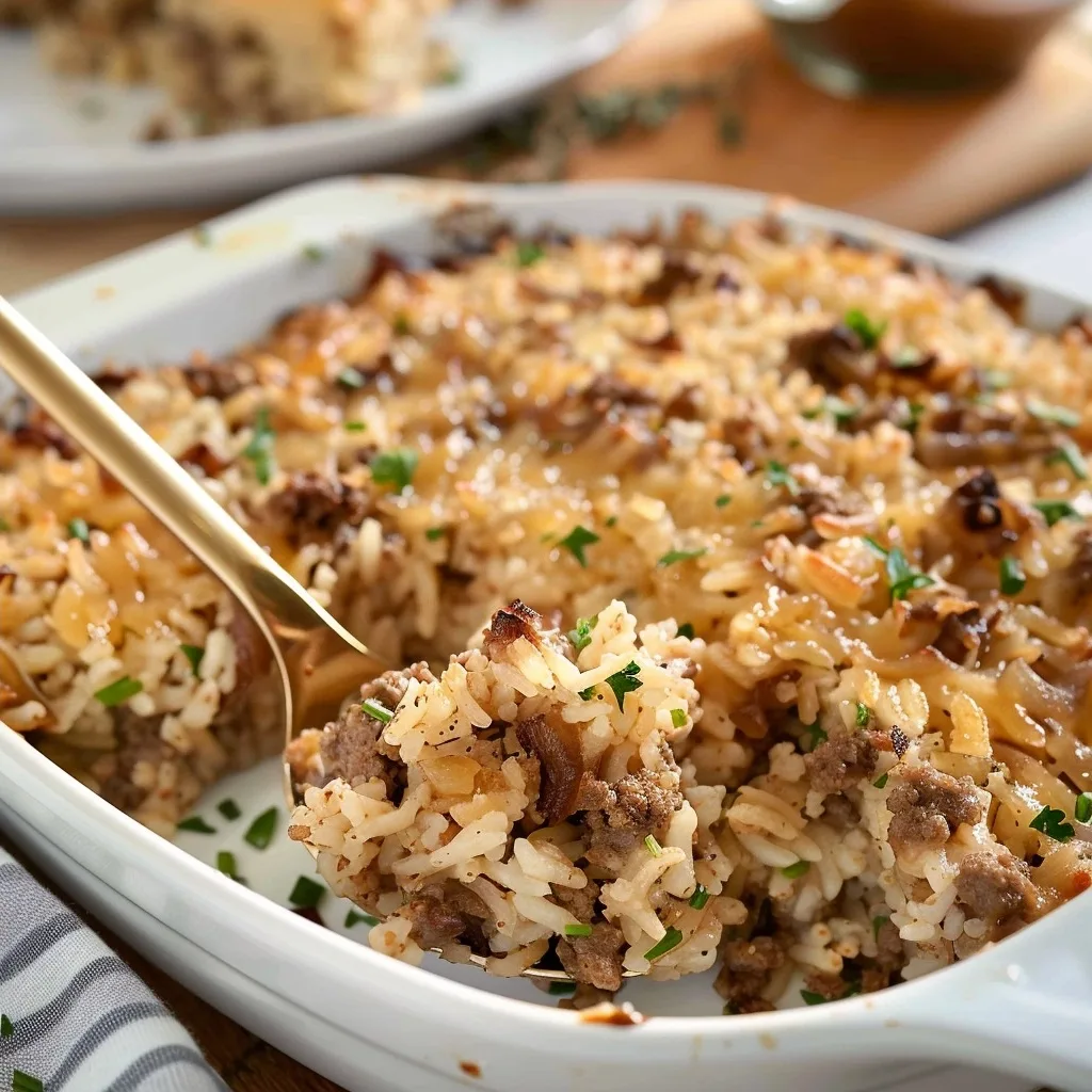 French Onion Ground Beef and Rice Casserole