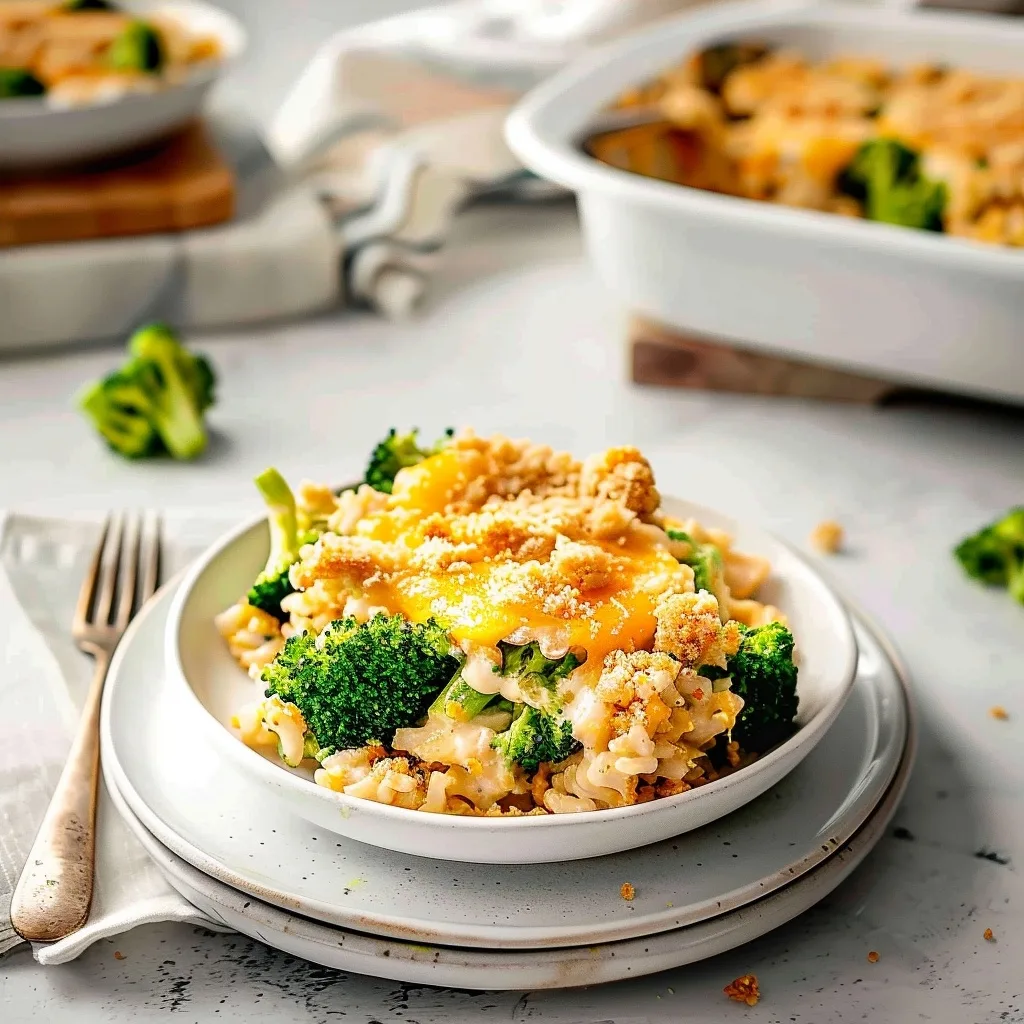 This easy broccoli, rice, and chicken casserole is topped with a buttery Ritz cracker crust