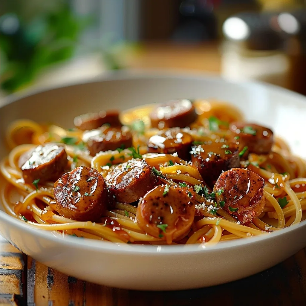 Sticky Honey Garlic Sausage Pasta Skillet
